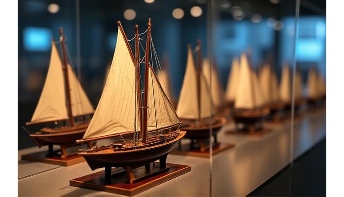 文化庁認定を受けた江戸時代の精巧な漁船模型（弁才船と和船）が、専門的な照明の下、ガラスケースに美しく展示されている様子。