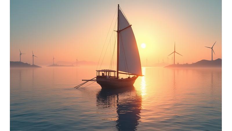 古代の漁船が夕暮れの海を進む、歴史と現代が融合した展示空間の美しい俯瞰写真