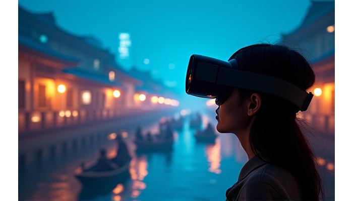 VRヘッドセットを装着した来場者が、江戸時代の漁村をバーチャル体験している様子。周囲には日本の伝統的な木造家屋や漁船が見える。