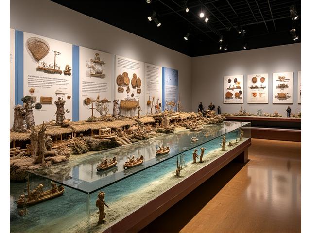 東京海洋博物館で開催された「江戸の海 - 漁師たちの生活と技術」展示。精巧な漁具が並び、当時の生活を再現したジオラマが中央に配置されている。