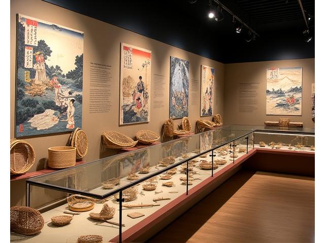 国立科学博物館での「日本の伝統漁法」展示。日本各地の多様な漁具と、それらを使う漁師の姿を描いた古い浮世絵が並ぶ。