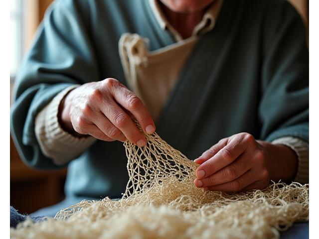 熟練の職人が伝統的な網を編む様子