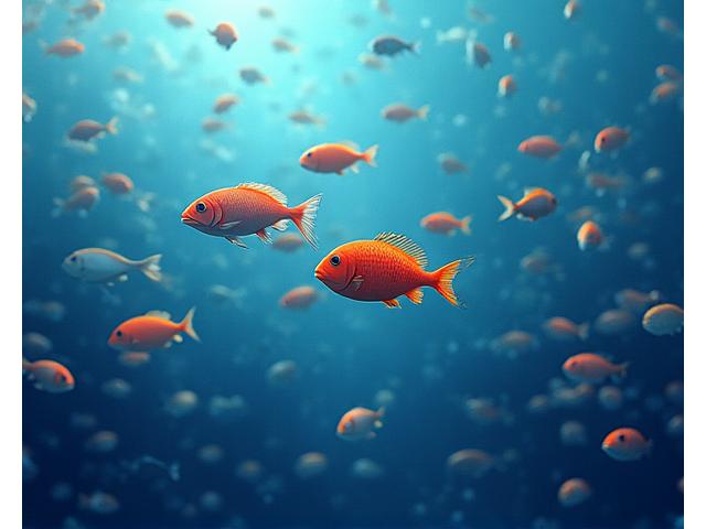 温暖化する海中で泳ぐ魚の群れを示すイラスト