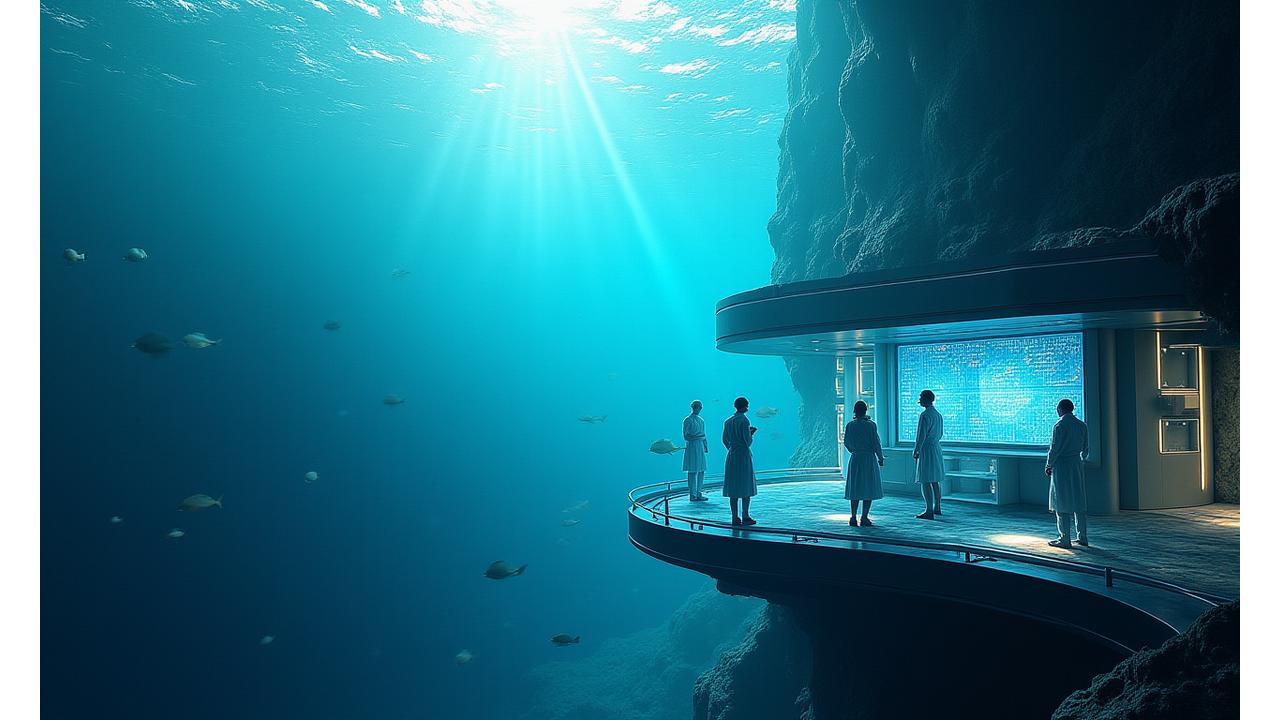 深海の研究施設、データがオーバーレイ表示された未来的な映像。