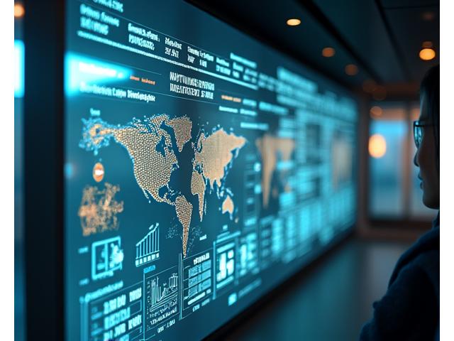 未来的なデータ分析ダッシュボードがAIによる養殖データの予測グラフ、最適化結果、異常検知アラートを表示している情景。ホログラフィックな魚の群れが画面上で動き、データの視覚化とインテリジェンスを象徴。