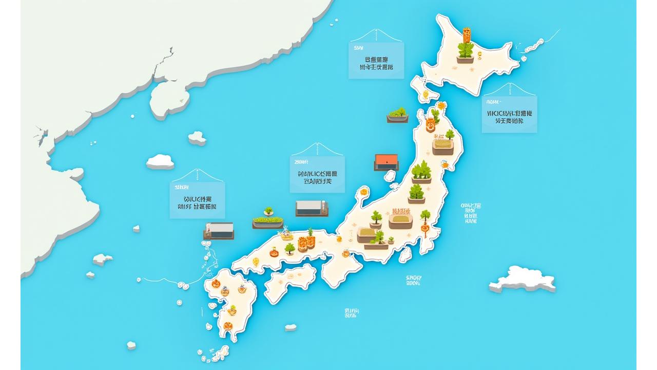 複数の養殖施設が並び、それぞれにデータが視覚的にリンクされている俯瞰図。各養殖場の上空に達成された成果（売上増、コスト減など）がホログラムで示され、成功事例の集積を表現。