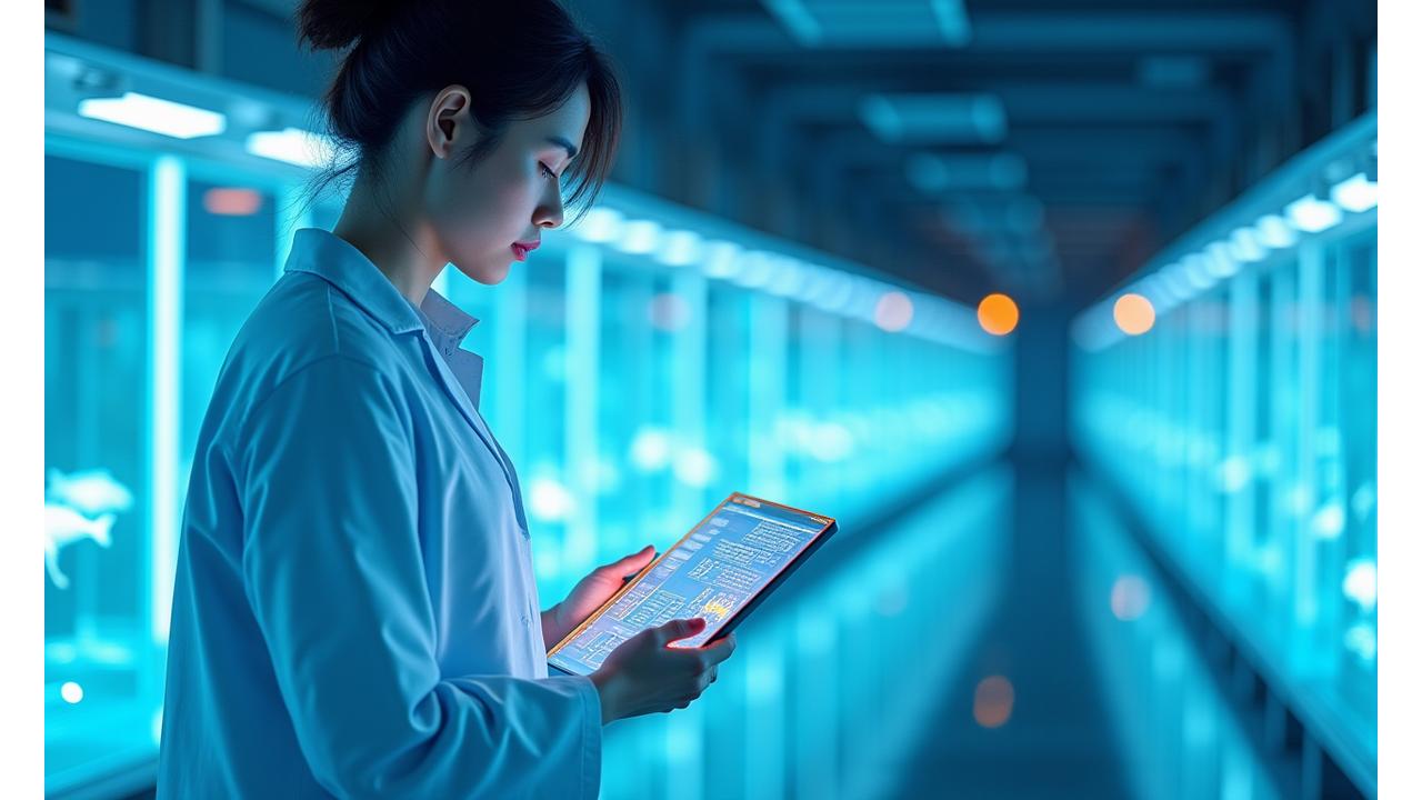 最新のスマート養殖施設の中央で、タブレットを操作しデータを確認するRyūjin's Catchの技術者。透明な養殖槽とLED照明が未来的な雰囲気を醸し出し、清潔感と技術の融合を表現。