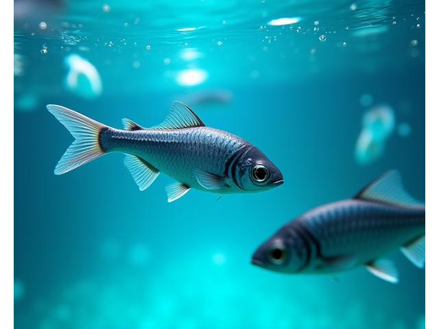 水中に設置された複数のIoTセンサーが養殖槽の水質データをリアルタイムで収集している様子。デジタルインターフェースのオーバーレイがデータの流れを表し、青と緑の光が清潔な水とテクノロジーを強調。