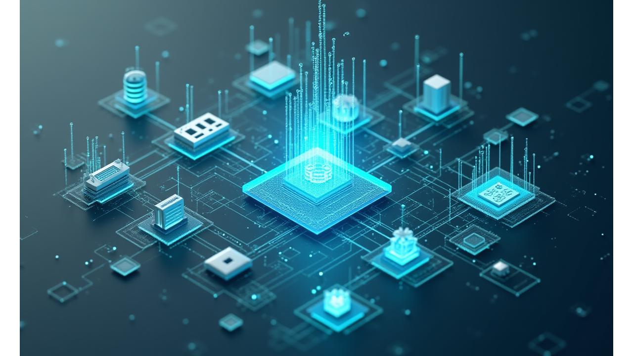 様々なIoTセンサー、水中カメラ、エッジコンピューティングデバイス、データセンターのサーバーラックが未来的なインターフェースで繋がっている様子。技術的な複雑さと統合システムを視覚化。