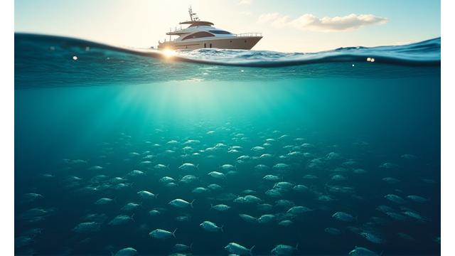 モバイル向け透明な海で泳ぐ魚の群れ、その上を穏やかに漂う日本の漁船