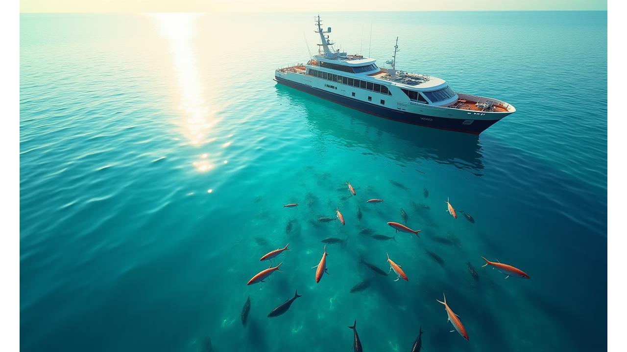 透明な海で泳ぐ魚の群れ、その上を穏やかに漂う日本の漁船