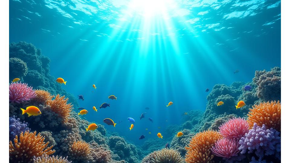 健康なサンゴ礁とカラフルな熱帯魚が泳ぐ水中風景