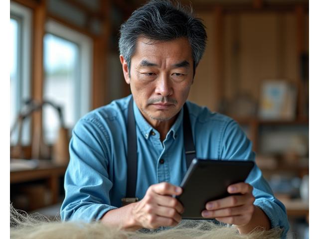 伝統技法と現代技術の融合を専門とする佐藤職人のポートレート。最新の漁具と伝統的な網が並べられている作業場を背景に真剣な表情。