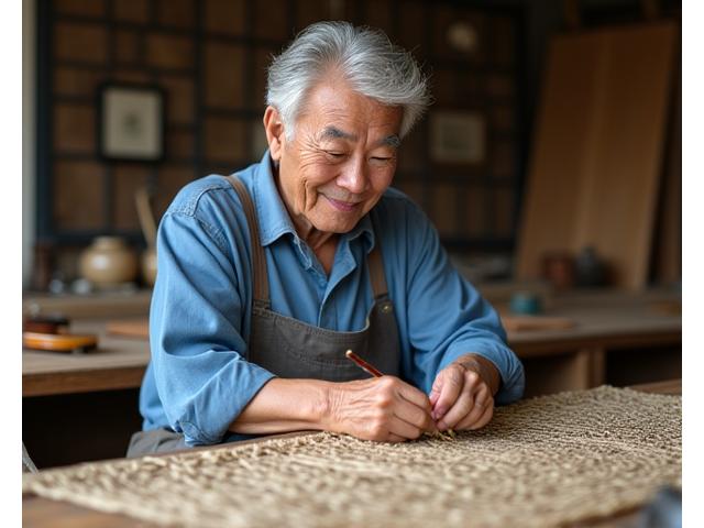 50年の経験を持つ網製作名人、田中師匠のポートレート。手には編みかけの網を持ち、温かい笑顔をしている。