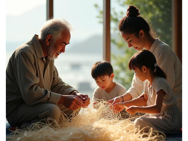 手編みの網が持つ温かみと、それを通して感じる集中。伝統文化を継承する若い世代と熟練の職人が共同作業しているイメージ。