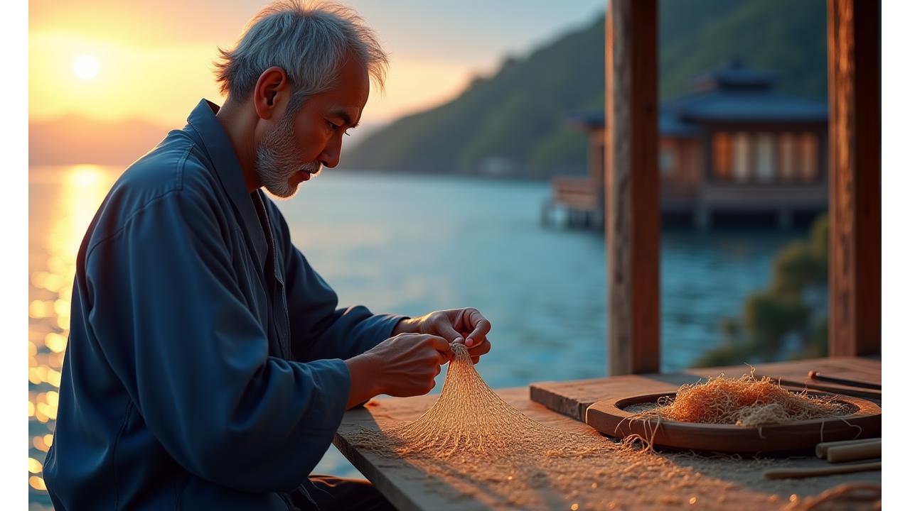 熟練の職人が伝統的な網を編む作業風景。背景は穏やかな海と夕焼け。