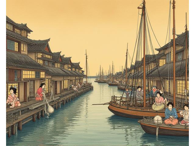 江戸時代の漁村の風景と、手作業で網を編む人々のイラスト。漁師の生活を歴史的資料さながらに表現。