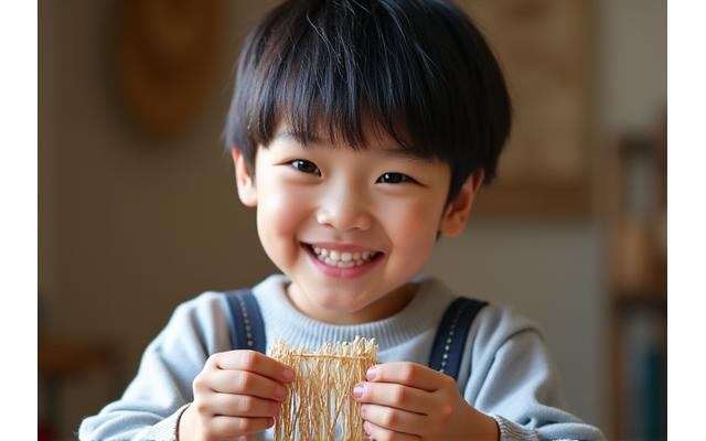 網製作体験を楽しむ小学生
