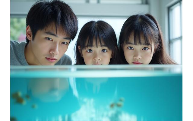養殖見学ツアーに参加する家族