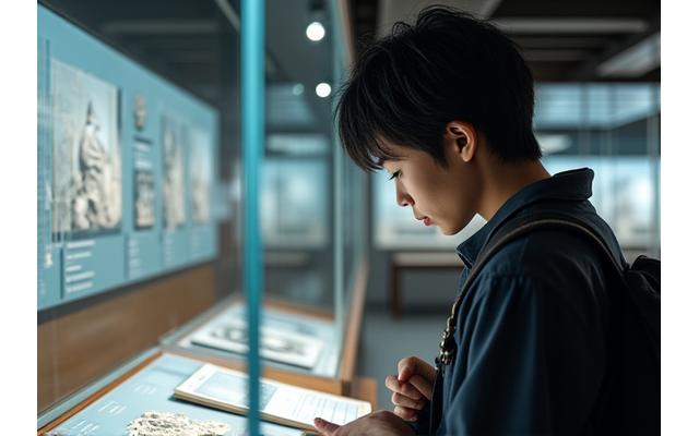 海洋文化展示を熱心に見学する大学生